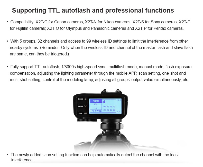 kann schnell eingestellt werden Bluetooth-Verbindung Godox X2T-O TTL Blitzauslöser 1/8000s HSS für Olympus/Panasonic Kamera 5 separate Gruppen und 3 Funktionstasten 
